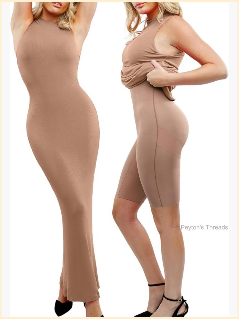 Built-In Shapewear Maxi Dress Mock Neck Sleeveless Bodycon With Bra